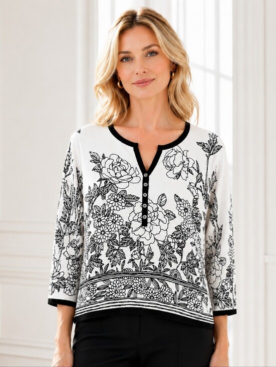 Cathy Daniels Sweaters - Cathy Daniels Floral Knit Sweater Size Large Black & White 3/4 Sleeve Lightweigh